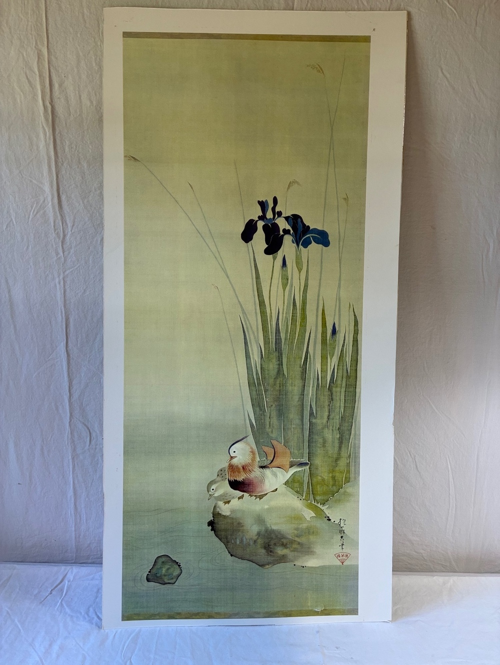 Vintage matted Japanese Watercolor Print of Ducks and Irises 1
